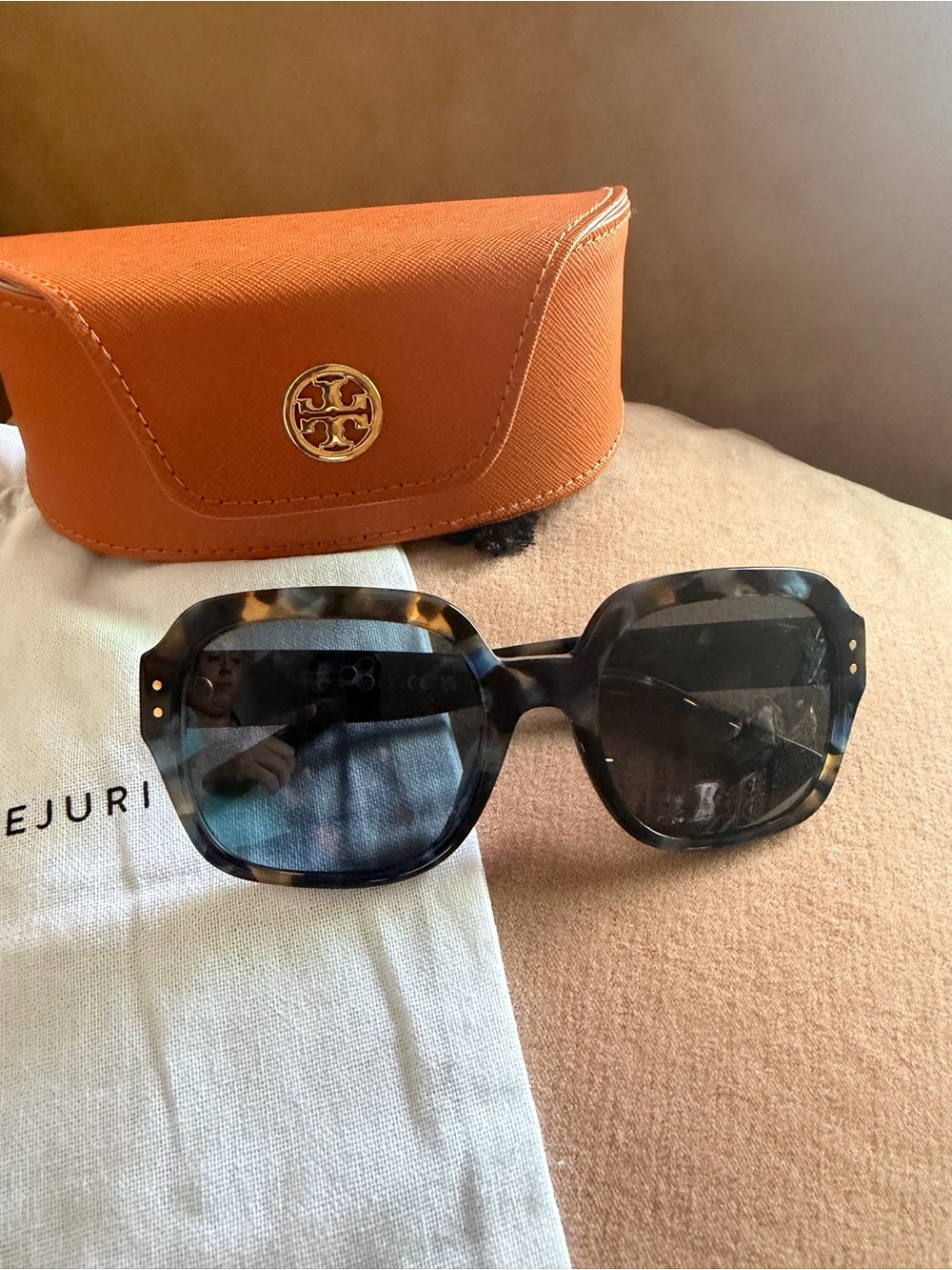 Tory Burch Oversized Tortoiseshell Square Sunglasses with Gold Accents